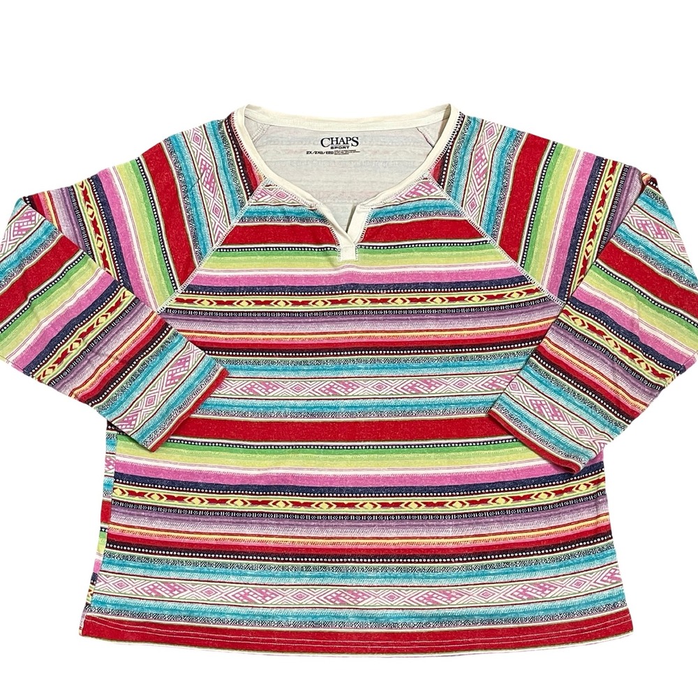 Chaps Henley Top Womens 2X Multicolor Southwestern‎ Aztec Striped Cotton Raglan